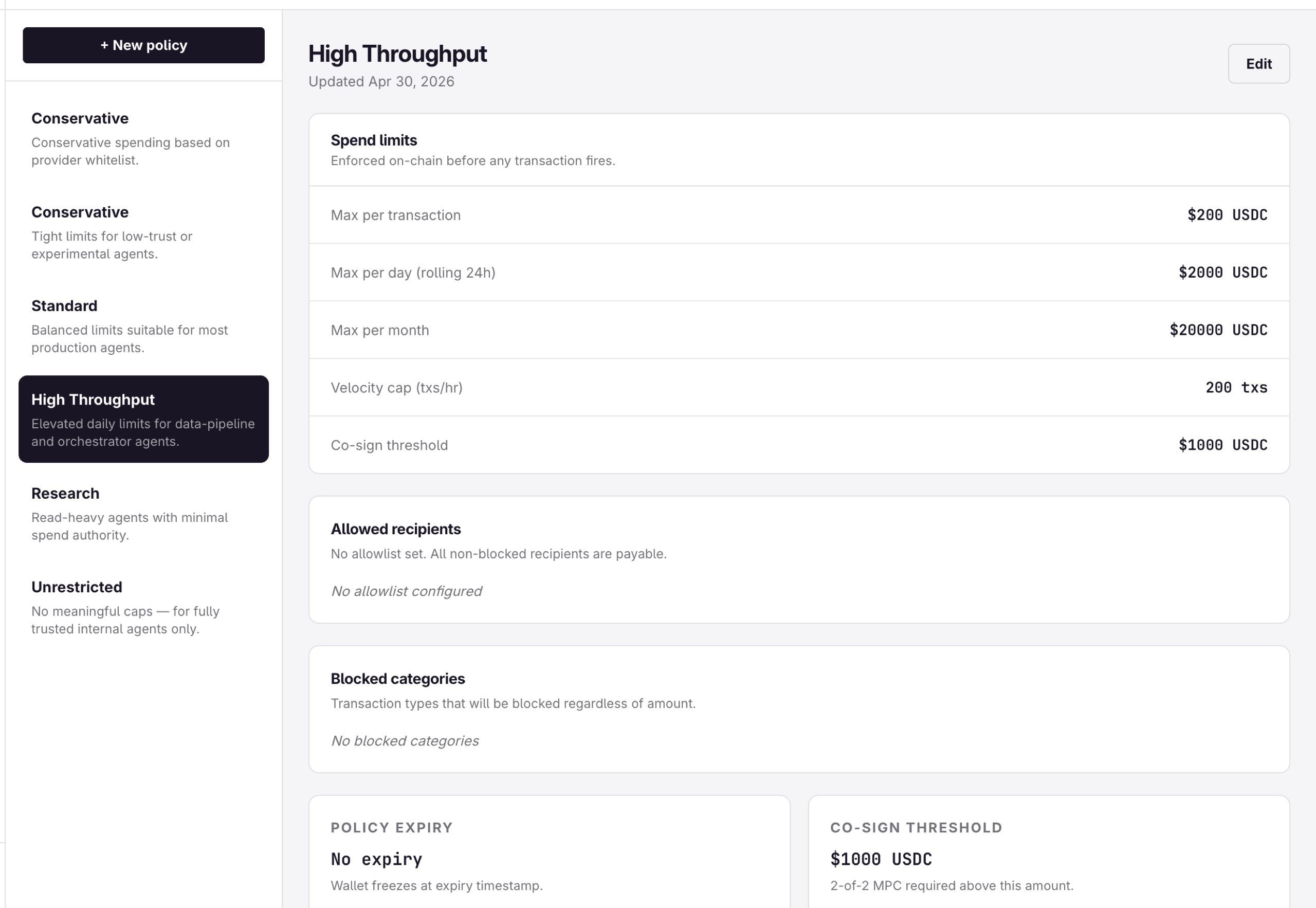 FervusAI spending policy configuration interface