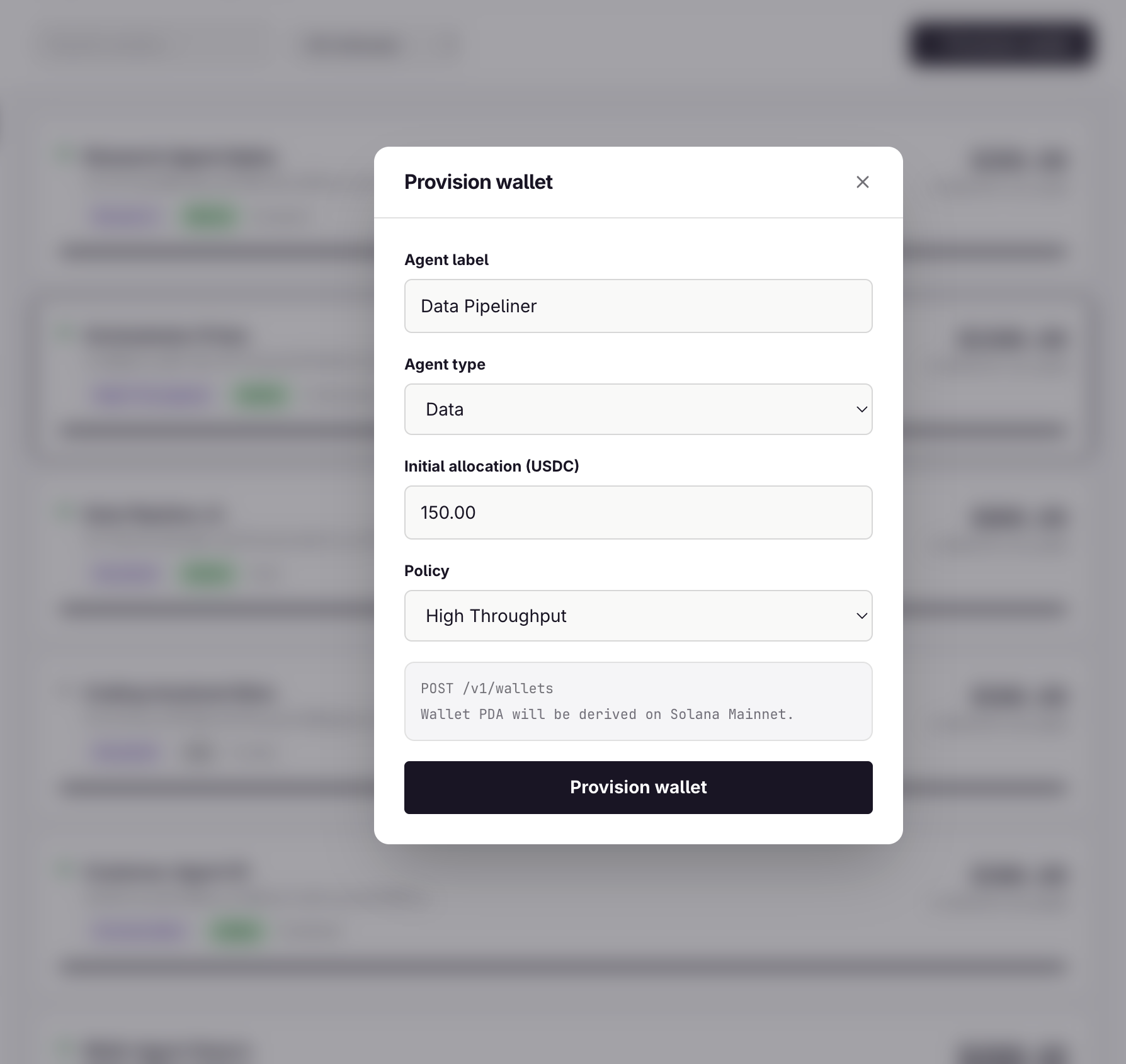FervusAI agent wallet dashboard